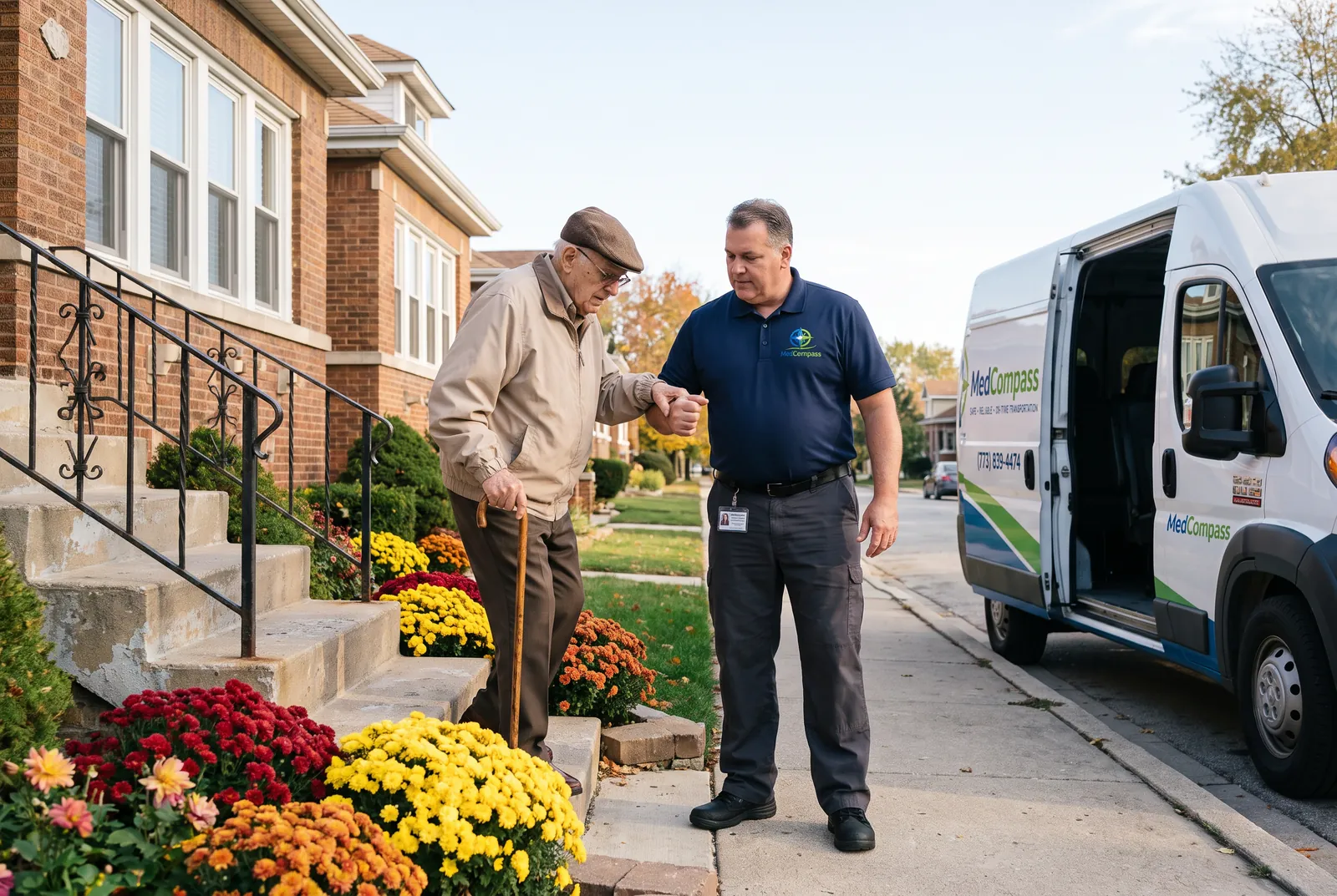 A driver offering his arm to an older man with a cane on the front steps of his home, the van waiting at the curb