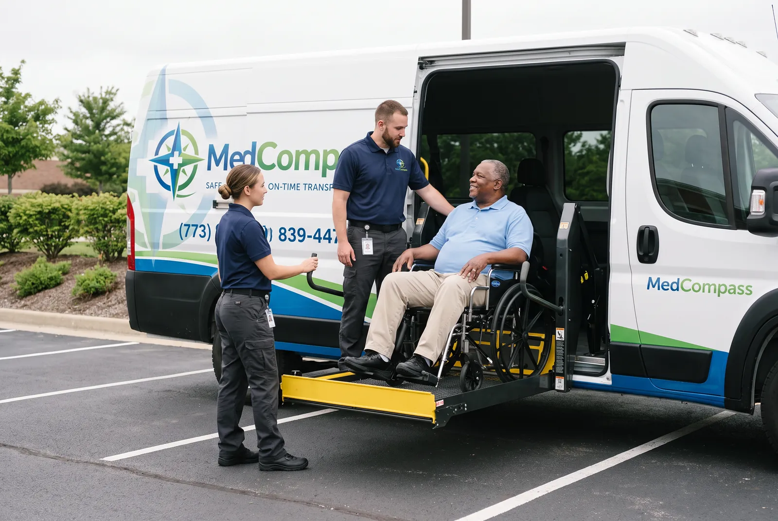Two crew members steadying a bariatric wheelchair on the extra-wide hydraulic lift of the van