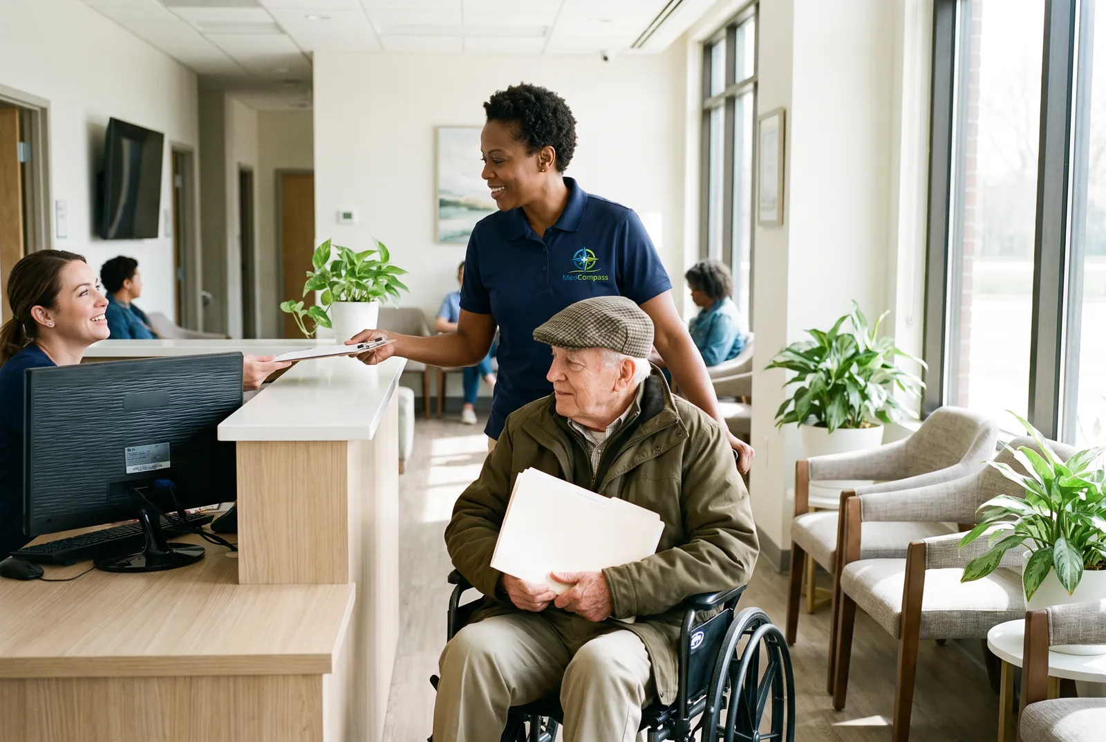 A driver bringing a rider to the clinic reception desk and handing him to the receptionist