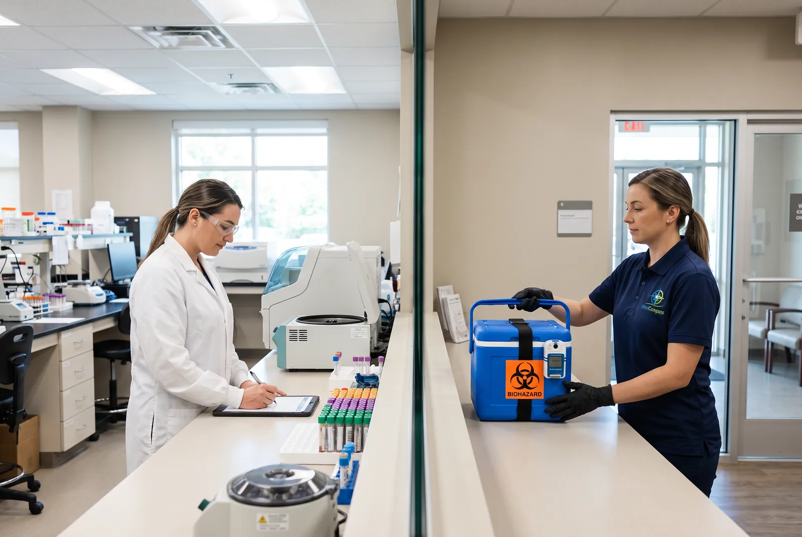 A MedCompass courier handing a sealed specimen cooler to a laboratory technician who signs for it on a tablet