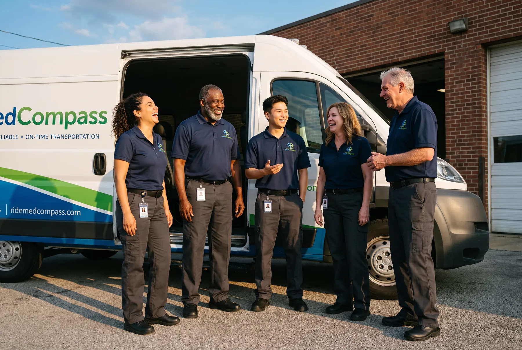 Five MedCompass crew members in uniform talking together beside a van