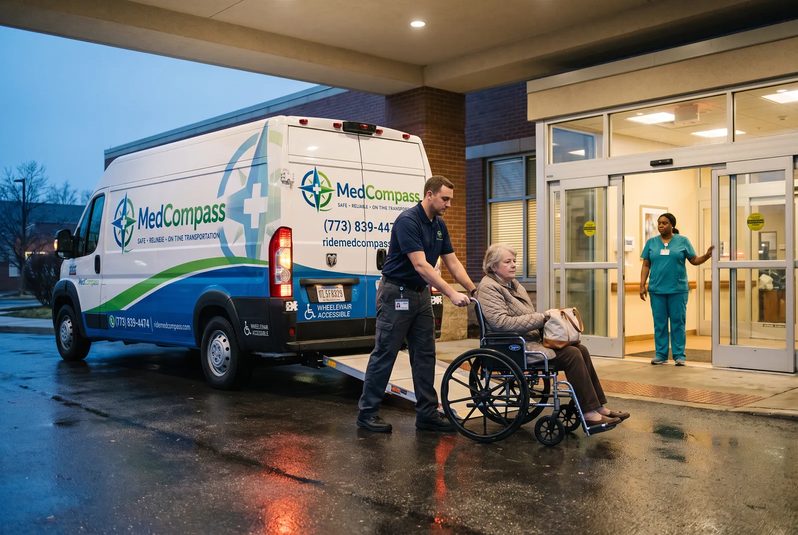 A driver wheeling a rider into a dialysis center at dawn as a staff member holds the door