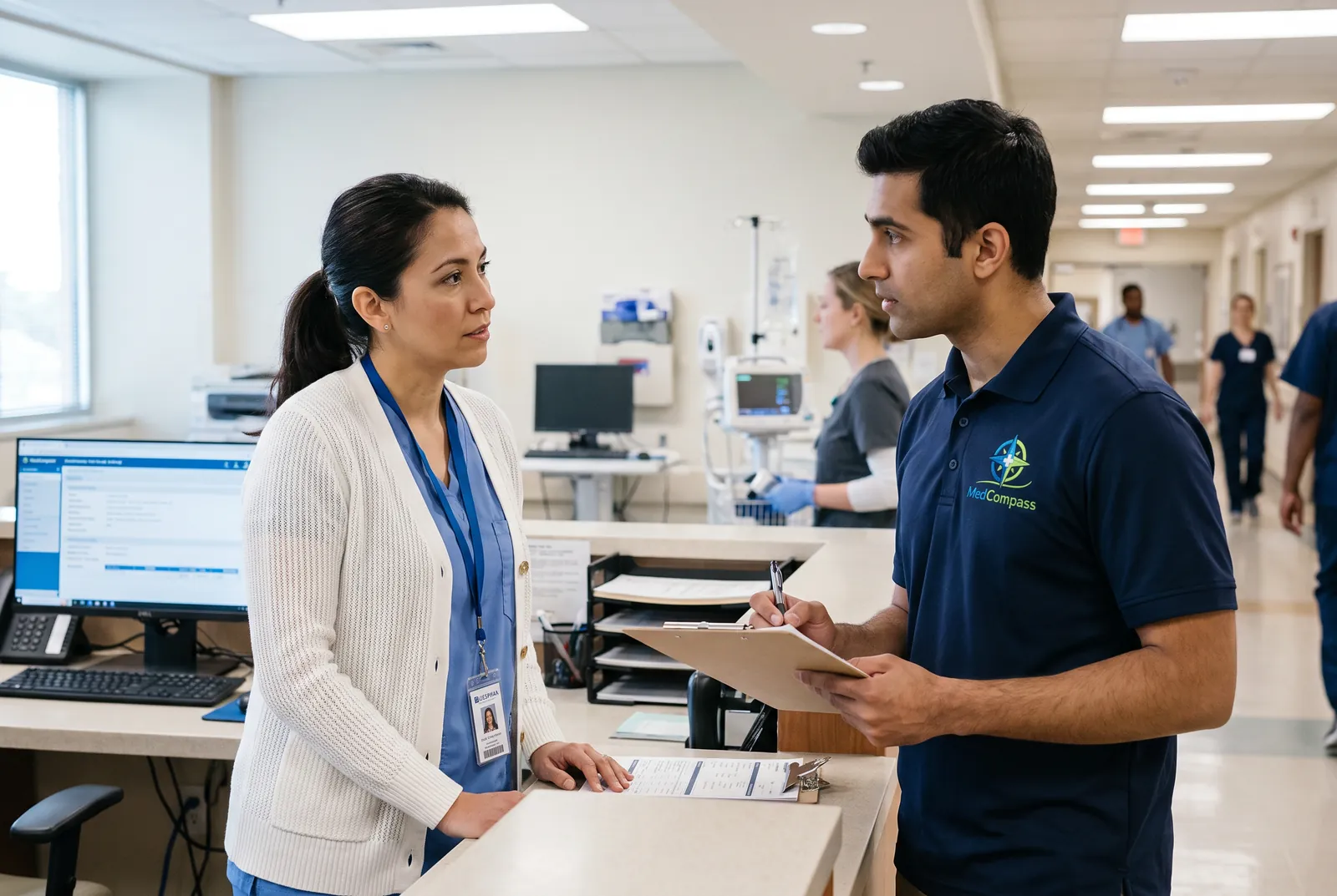 A hospital discharge planner confirming a pickup time with a MedCompass crew member at a nurses' station