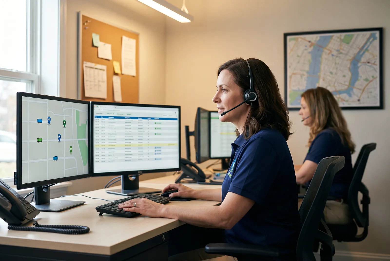 A MedCompass dispatcher at her desk with a live map of vehicles and the day's schedule on screen