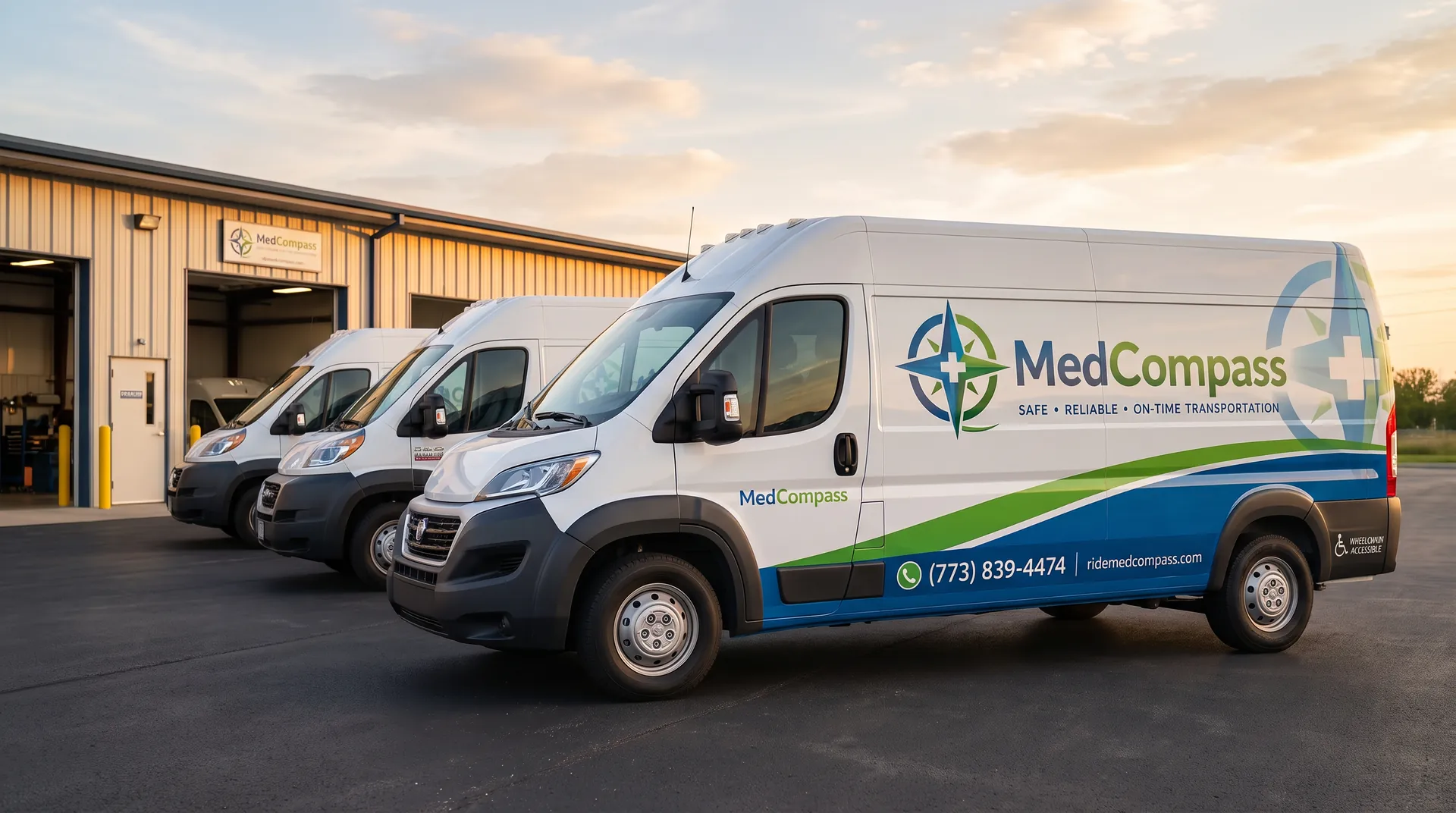 Three MedCompass wheelchair vans parked in a row outside the fleet garage at golden hour