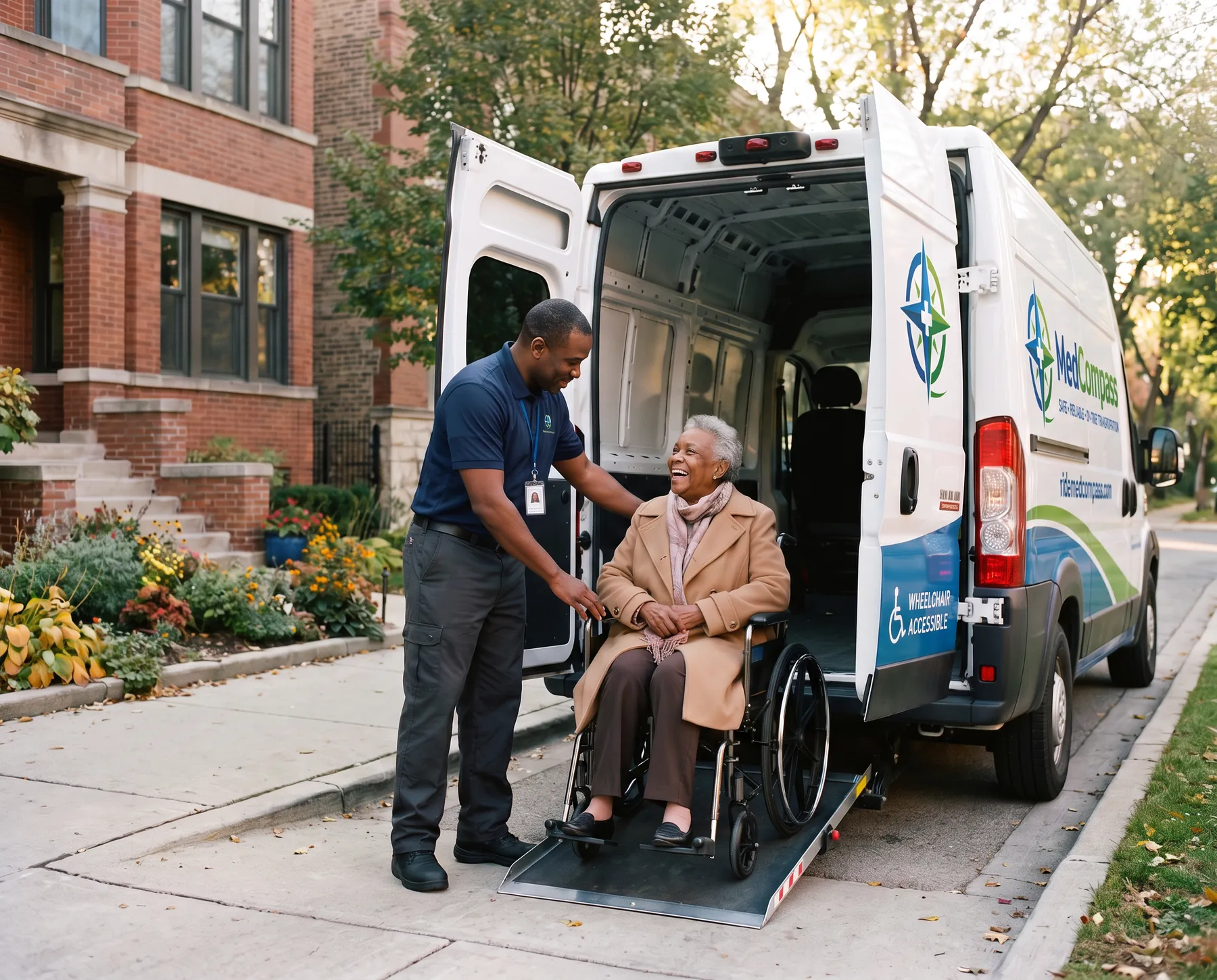A MedCompass driver guiding an older woman in her wheelchair up the ramp into a wheelchair-accessible van outside a Chicago two-flat
