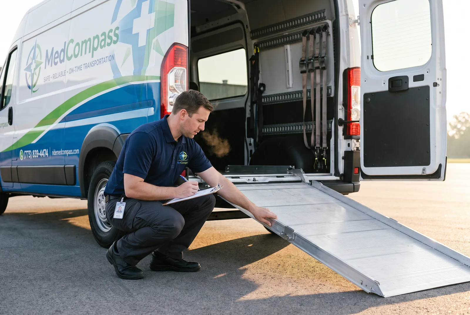 A driver checking the ramp and tie-down straps during the pre-trip safety inspection