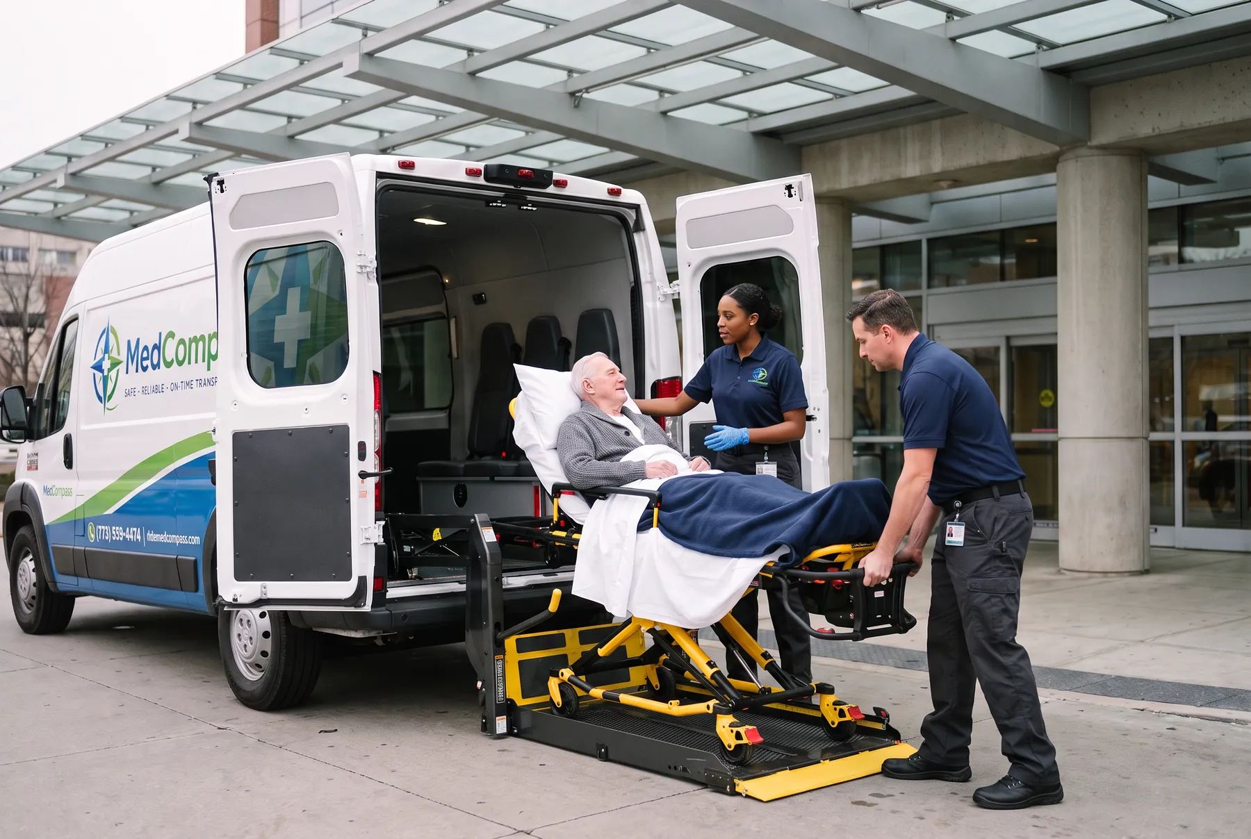 Two MedCompass crew members loading a rider on a stretcher into the van at a hospital entrance