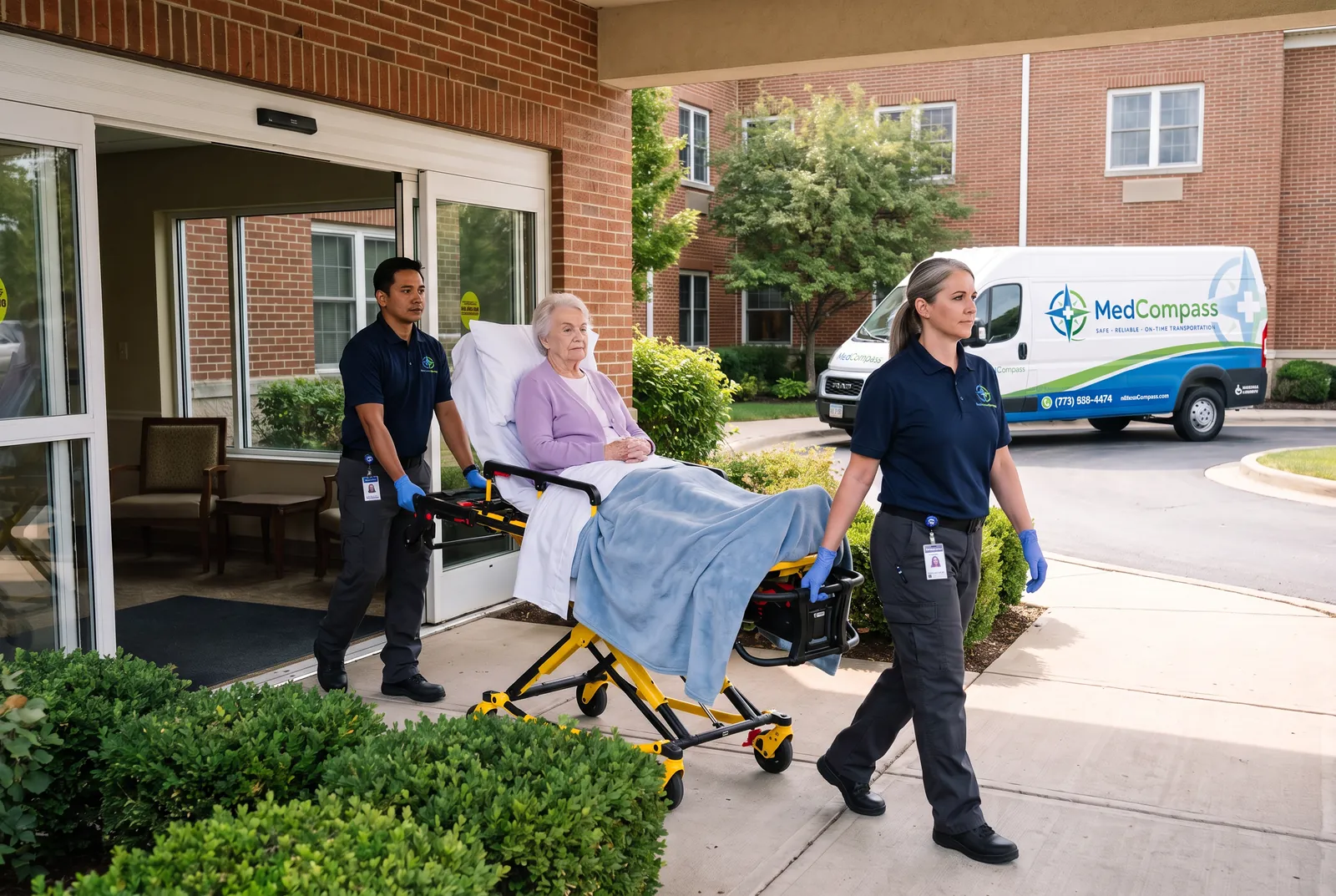 Two crew members wheeling a rider on a stretcher out of a nursing facility toward the waiting van