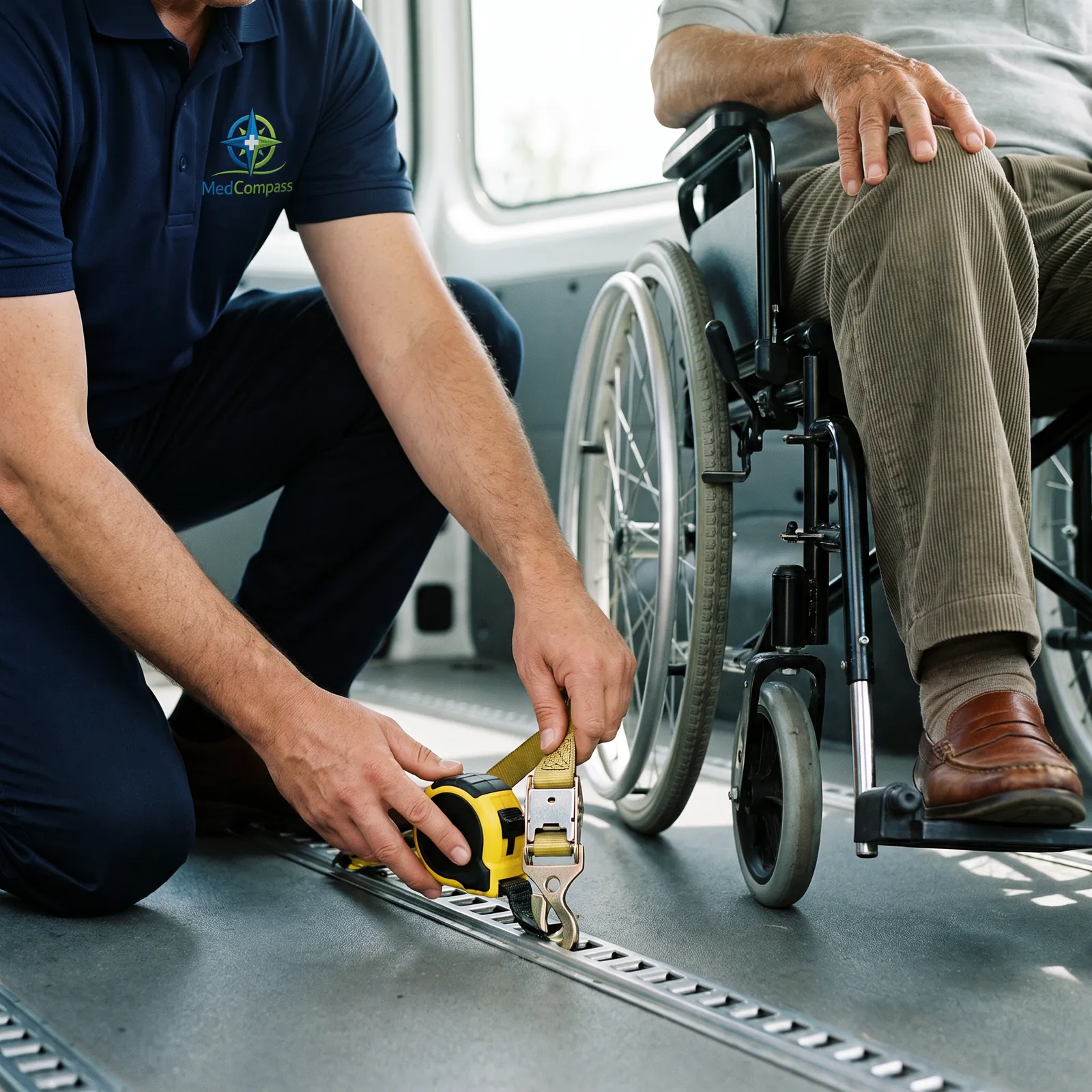 A driver fastening a retractable tie-down strap to the floor track at the wheel of a rider's wheelchair